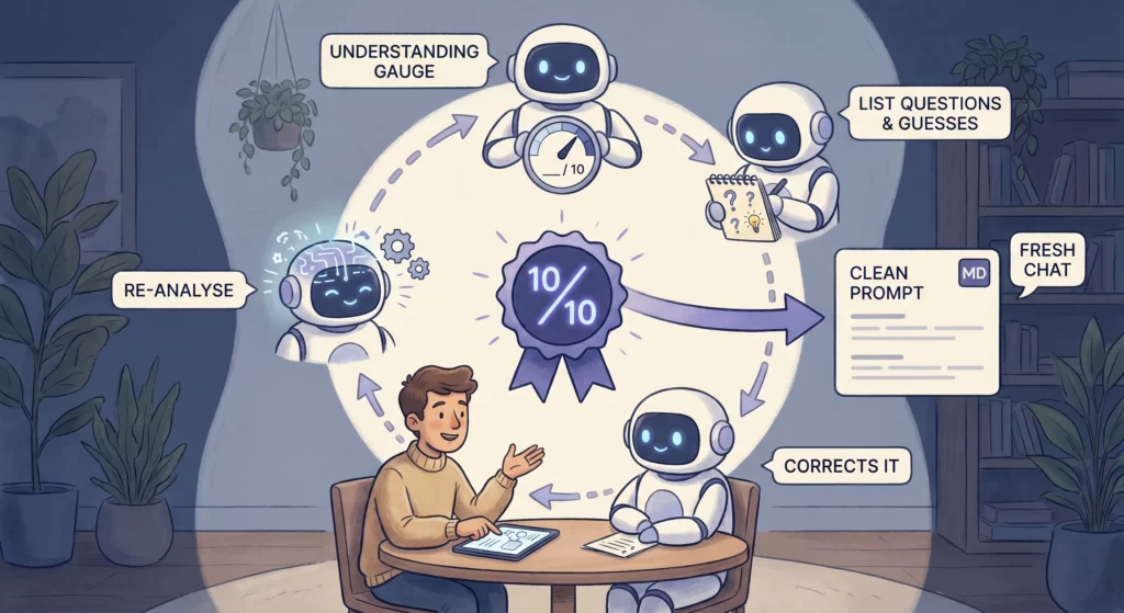 A loop where AI rates its understanding out of ten, lists open questions and best guesses, gets corrected, and re-analyses until it reaches ten out of ten, then produces a clean prompt for a fresh chat.