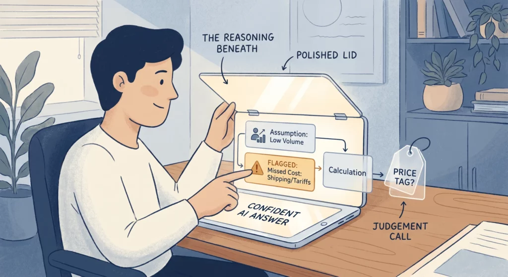 A confident AI answer opened up like a panel to reveal the reasoning behind it, where a flagged assumption and a missed cost become visible before the answer is trusted.