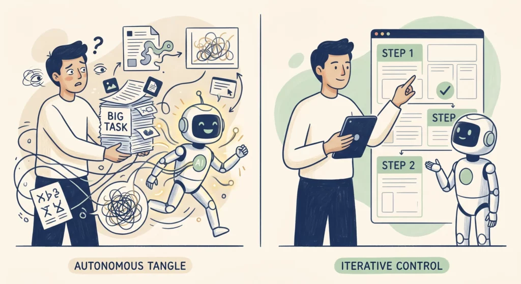 A contrast between letting AI run and change three things at once, losing visibility, versus instructing one change at a time with review and keeping control.