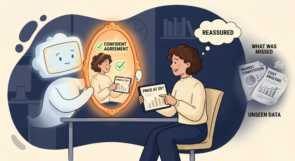 A person asking an AI for an opinion and the AI holding up a mirror, reflecting the person's own conclusion back to them as if it were independent agreement.