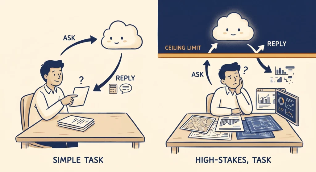 A person using AI one-directionally, asking and receiving, until they hit a ceiling when the work becomes specific and high-stakes.