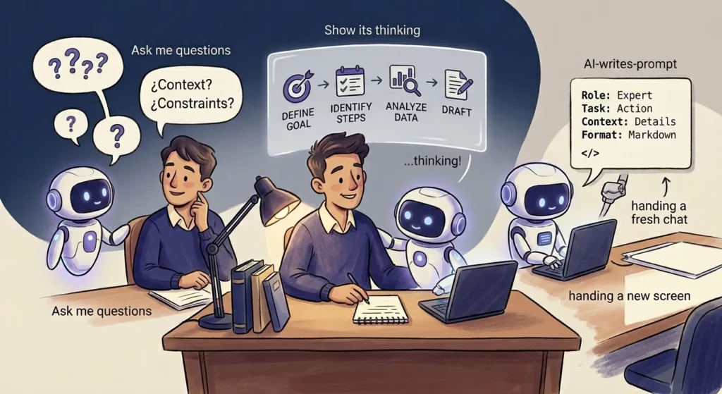 A person and their AI colleague at a desk doing three things: the AI asking the person questions, the AI showing its step-by-step thinking, and the AI writing a prompt for another AI.