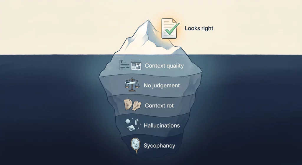 An iceberg in cross-section: a polished, correct-looking document above the waterline, and five hidden traps below — context quality, no judgement, context rot, hallucinations, sycophancy.