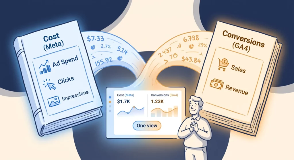 A blue cost ledger and an amber conversions ledger flowing into one central dashboard where spend and sales finally sit together.