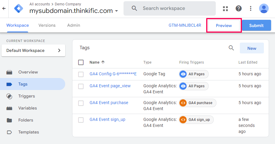 Click Preview button in GTM