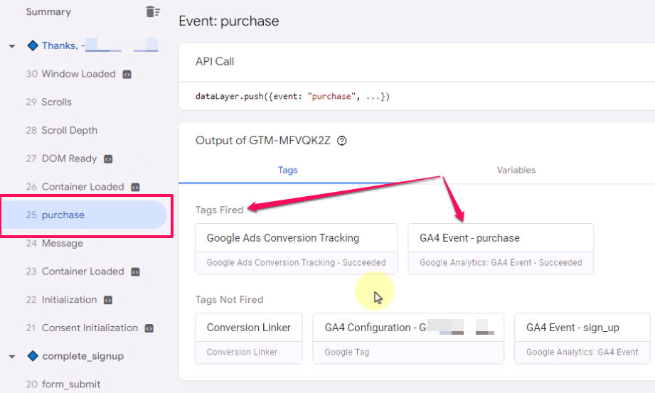 Click purchase event in preview mode and see GA4 event tag fired for purchase