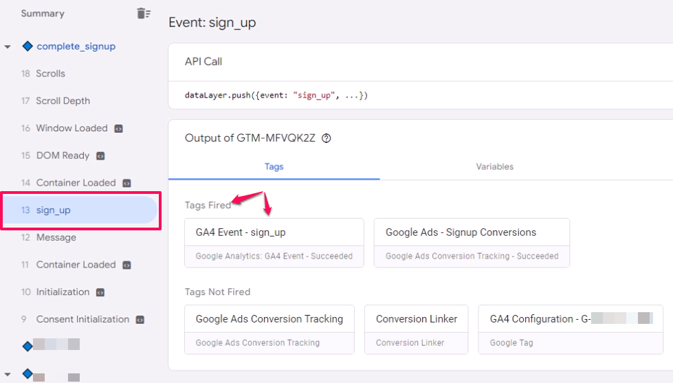Click sign_up event in preview mode and see GA4 event tag fired for sign_up