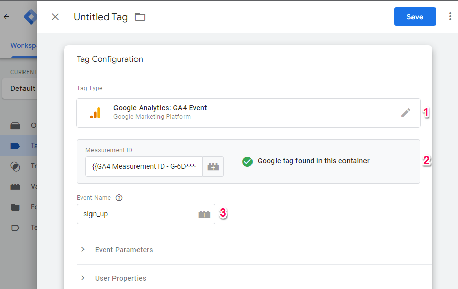 Configure GA4 sign_up event with Measurement ID and Even Name