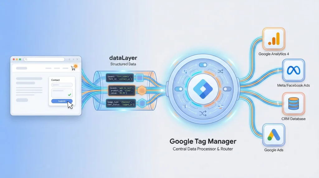 Illustration showing a website pushing data to a glowing data layer, which feeds into Google Tag Manager in the center, which then distributes data to multiple marketing platforms (Google Analytics, Meta Ads, CRM) through organized pathways