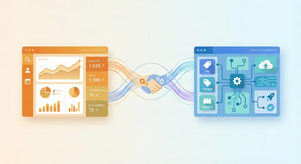 Google Analytics and Google Tag Manager working together as complementary tools, illustrated as connected dashboard and toolbox systems with flowing data between them