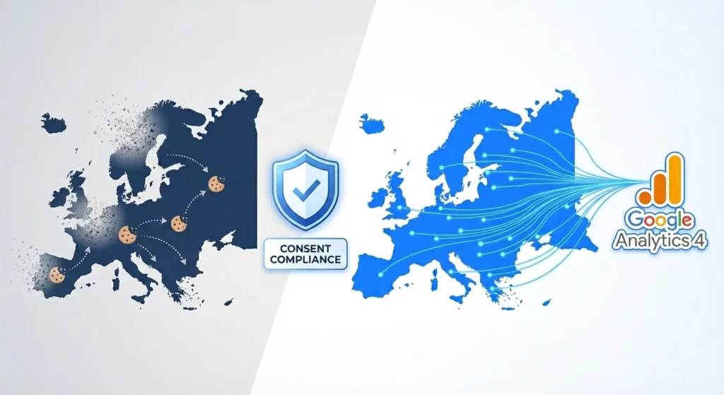 Split illustration showing data loss from non-compliant tracking versus recovered data through GA4 Consent Mode v2 implementation in European markets