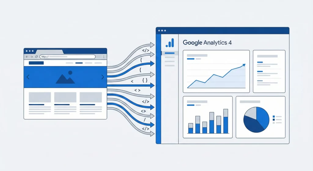"Google Analytics 4 installation dashboard with tracking code and website connection illustration