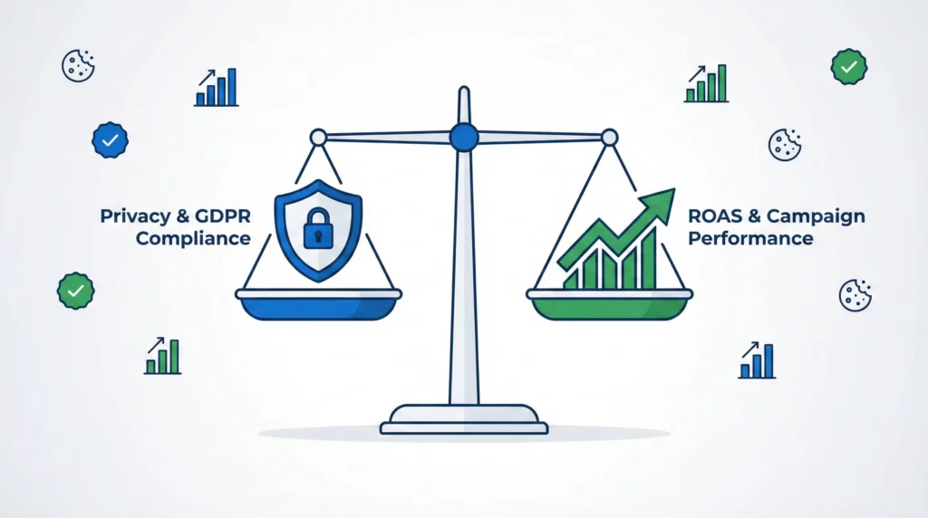 Balanced scale showing privacy compliance shield on one side and ROAS performance graph on the other, representing Google Ads Consent Mode's ability to protect both privacy and advertising performance