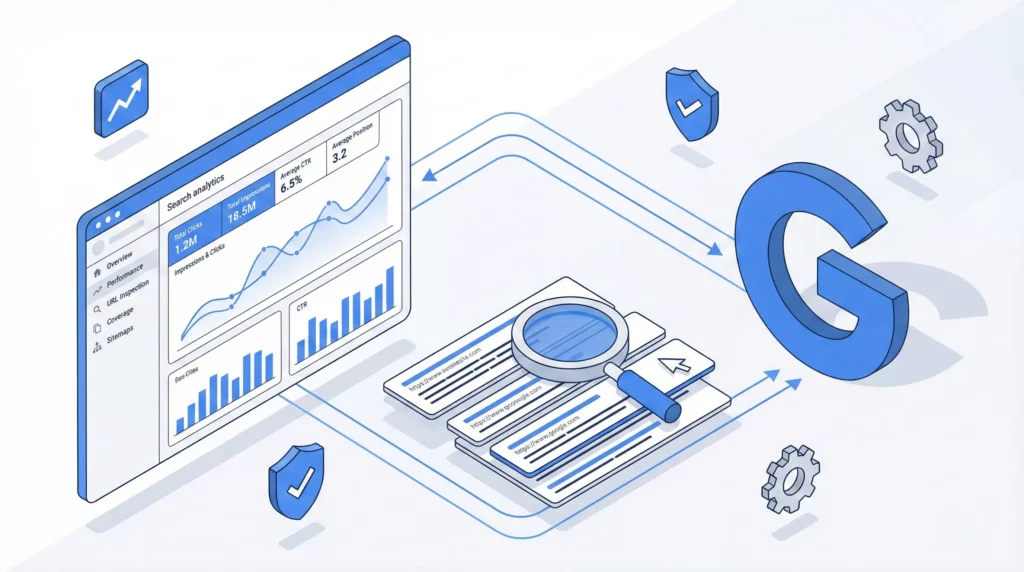 Google Search Console dashboard setup illustration showing search analytics connection between website and Google search results