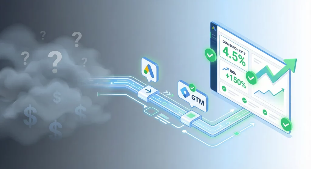 "Modern illustration showing the journey from uncertain marketing results through Google Ads and GTM implementation to clear conversion tracking and measurable ROI