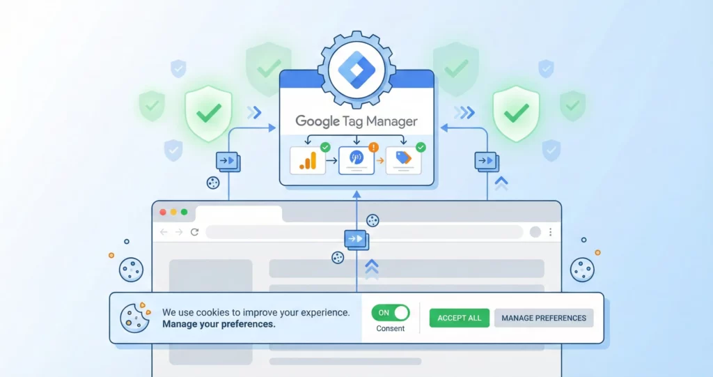 Google Tag Manager cookie consent implementation showing browser consent banner, GTM container, and compliance workflow