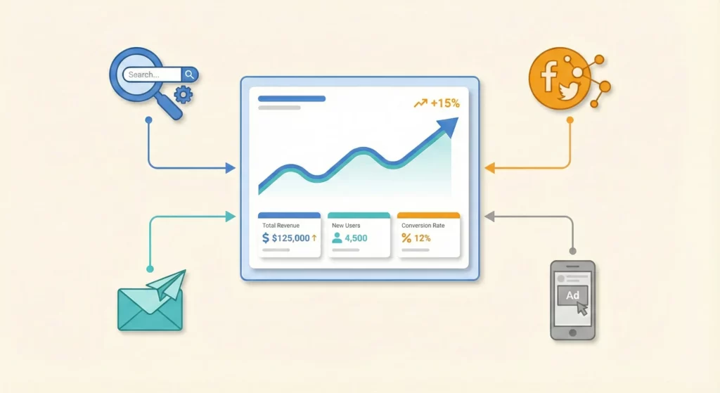 "Marketing Measurement Foundation dashboard illustration showing connected marketing channels and analytics metrics