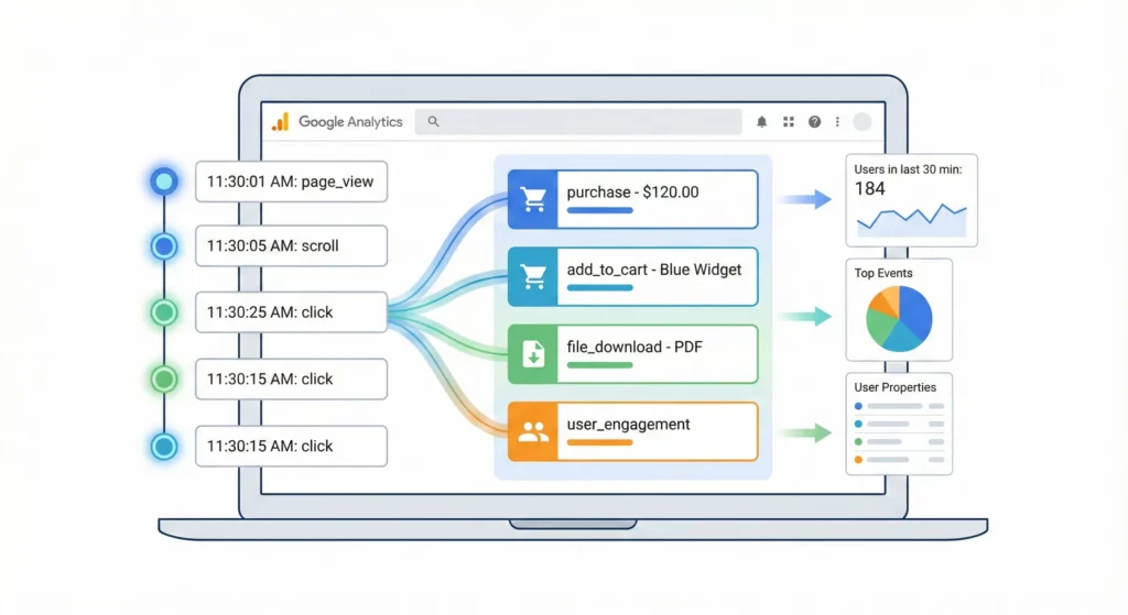 Real-time Google Analytics 4 DebugView interface illustration showing event streams and monitoring dashboard