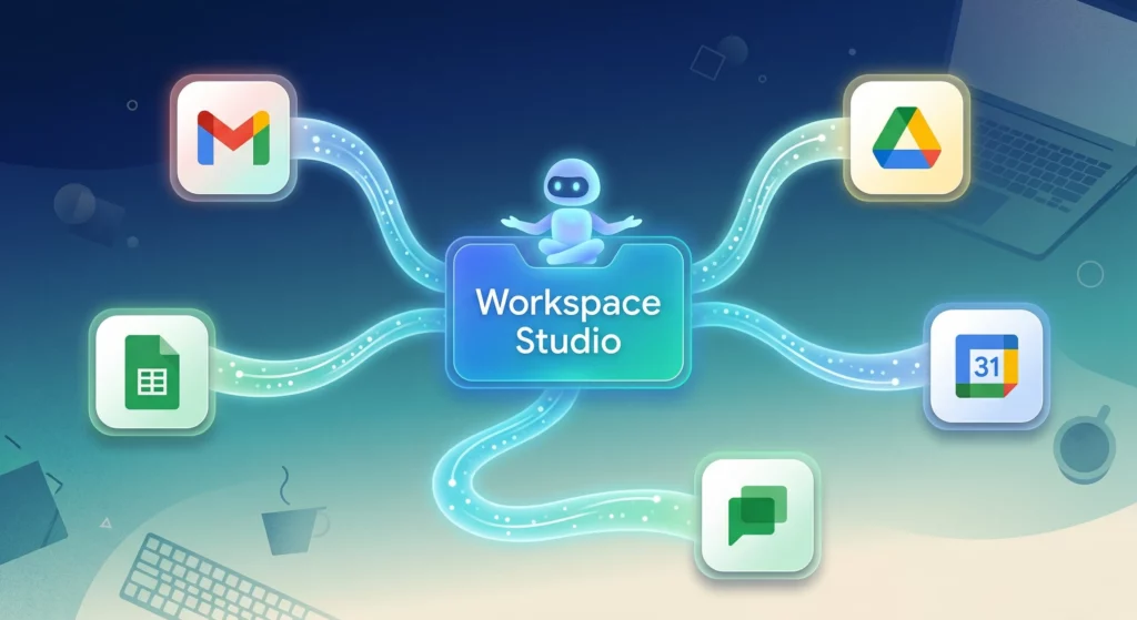 Google Workspace Studio hero illustration showing AI agents connecting Gmail, Drive, Sheets, Calendar and Chat apps with automated workflows