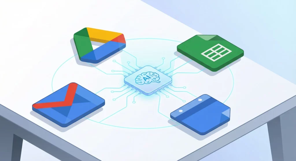 Google Workspace apps interconnected through AI automation, illustrating the central intelligence layer connecting Gmail, Drive, Sheets, and Calendar