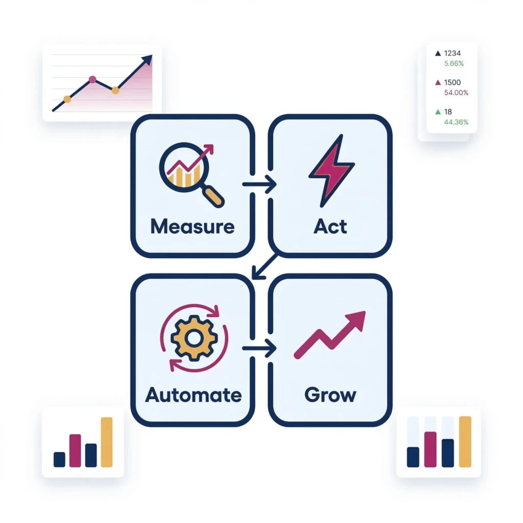 Business analytics dashboard showing the Measure, Act, Automate, Grow framework with revenue growth charts and workflow stages