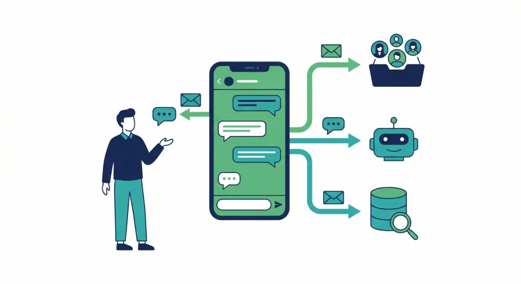 A small business owner’s phone showing WhatsApp conversations flowing into an organised automation system with multiple channels Status: pending