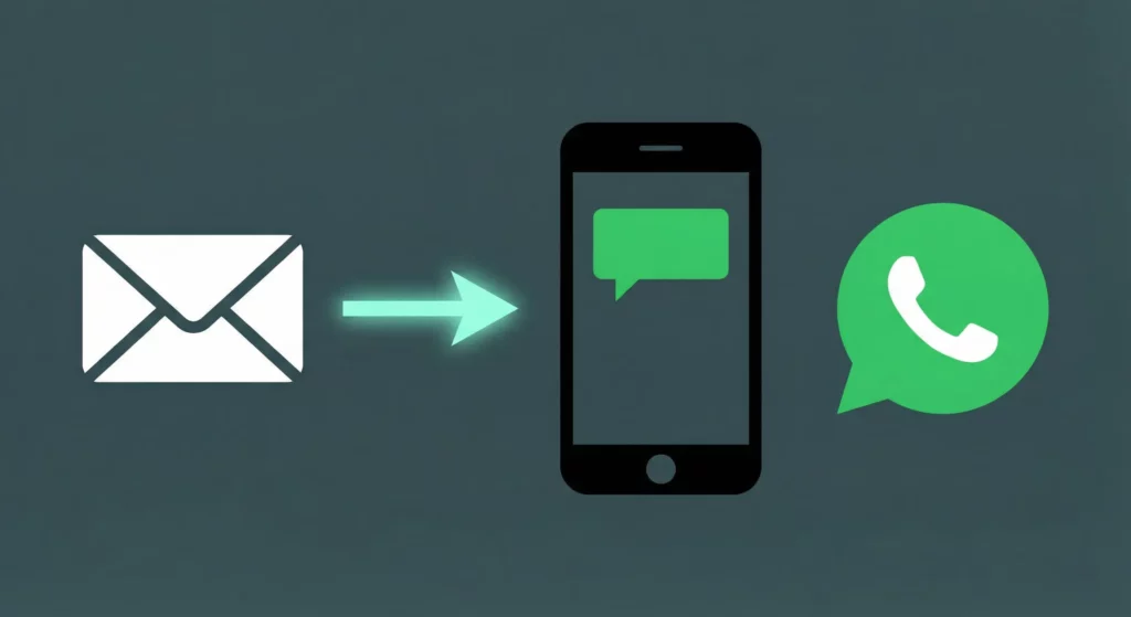 Email envelope transforming into a WhatsApp message bubble on a smartphone screen