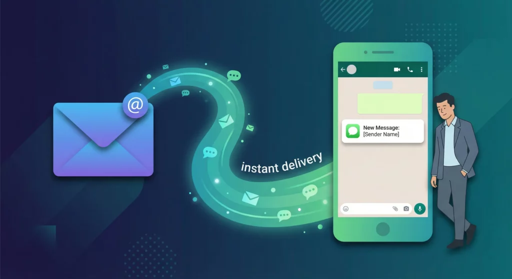 Email envelope connected by a winding data stream to a phone receiving a WhatsApp message