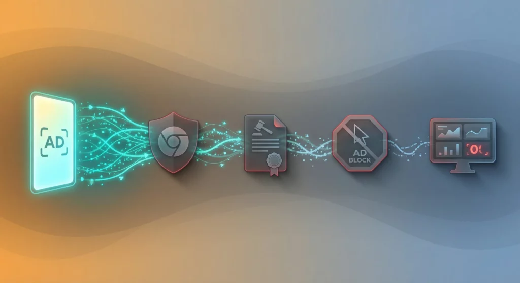 Marketing data signals flowing from an ad towards a dashboard, progressively fading and fragmenting before they arrive