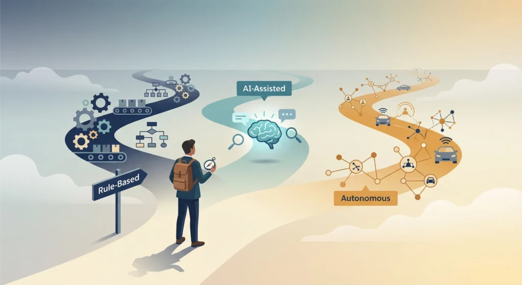 A business owner standing at a crossroads with multiple automation paths, each represented by different tools and workflows