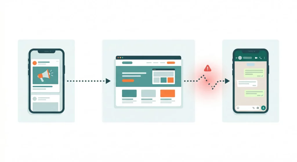 Illustration of a broken tracking chain between an ad platform, a website, and WhatsApp