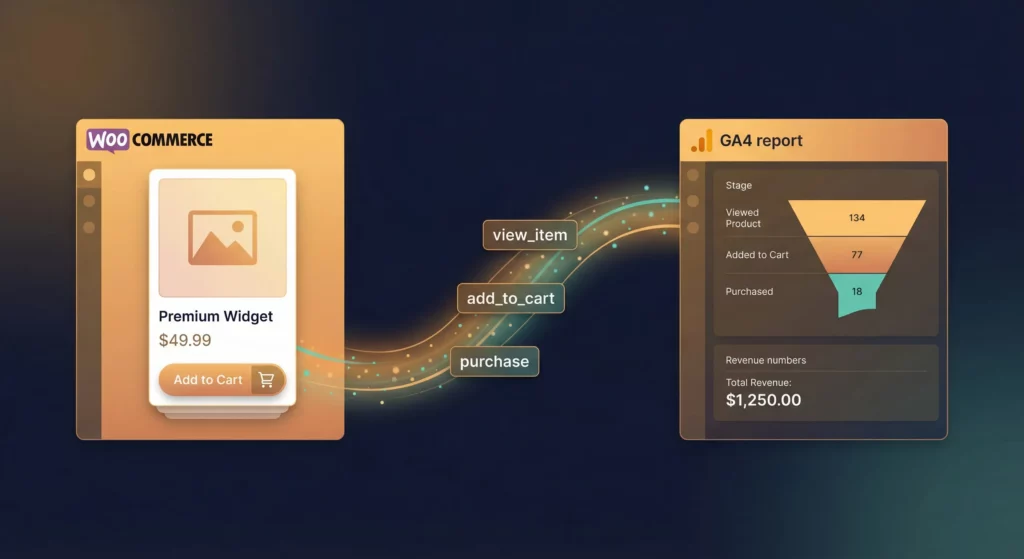 WooCommerce store connected to GA4 ecommerce tracking, showing product data flowing through to analytics reports