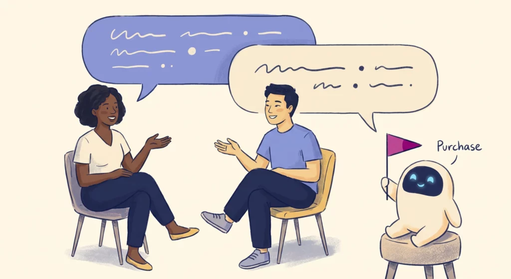 A friendly stylised AI character sitting at the edge of a two-person chat conversation, raising a small flag at the moment a purchase is mentioned