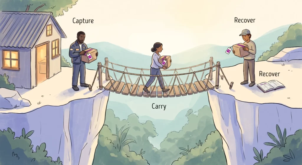 A small figure carrying a tagged parcel across a rope bridge between two clifftops, with the tag being read at both ends of the crossing