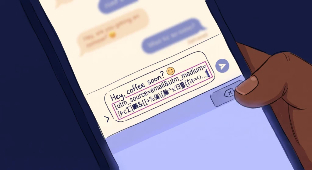 Close-up of a phone screen showing a friendly message with a block of technical tracking code beneath it, and a thumb hovering over the backspace key