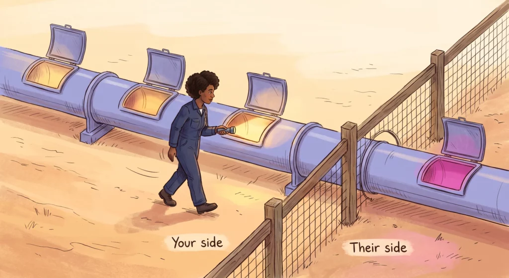 A person walking alongside a pipeline with a torch, inspecting four access points in sequence, with a fifth inspection point on the far side of a boundary fence