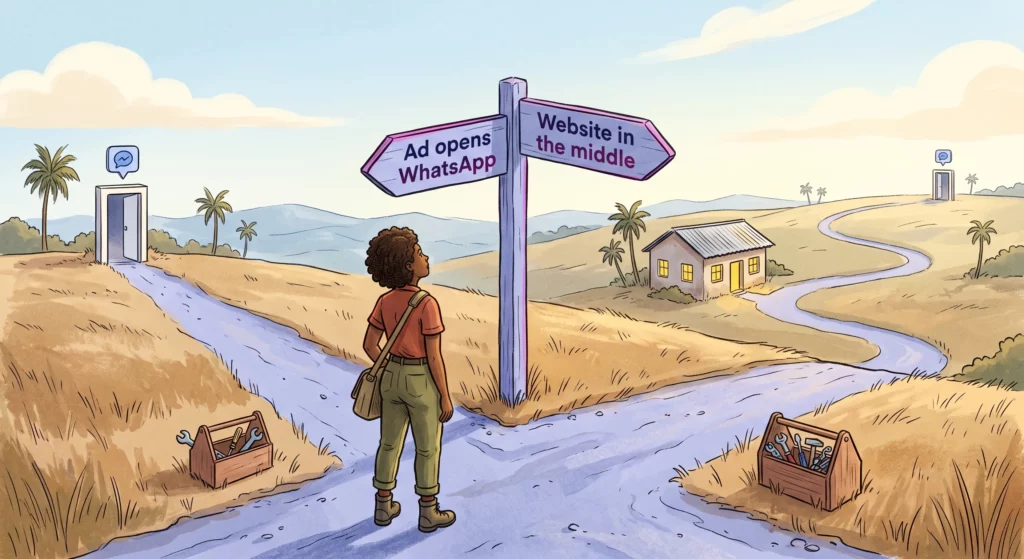 A traveller at a fork in a country road reading a signpost, with one branch leading to a chat doorway and the other passing through a small building first