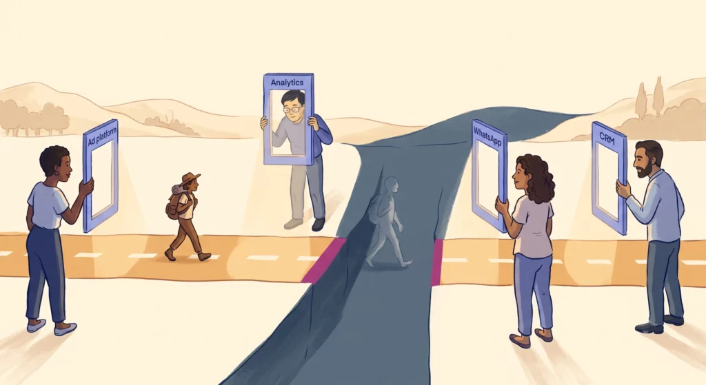 One customer journey drawn as a path with four observers along it, each able to see only their own stretch, and an unwatched section in shadow where the journey passes into WhatsApp