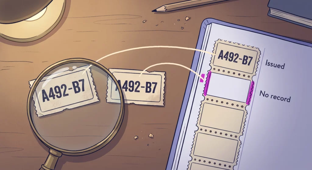 Two identical-looking tickets on a desk beneath a magnifying glass, with an open ledger showing a matching stub for one of them and a blank space for the other