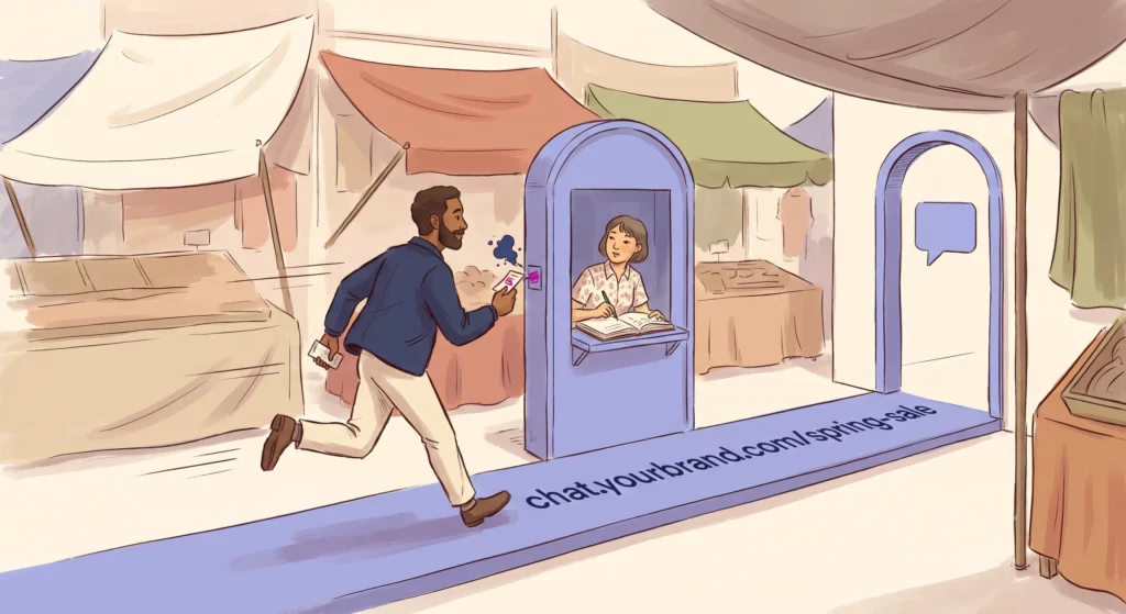 A person walking briskly through a small gate that stamps their ticket as they pass without slowing them, continuing on toward a chat doorway