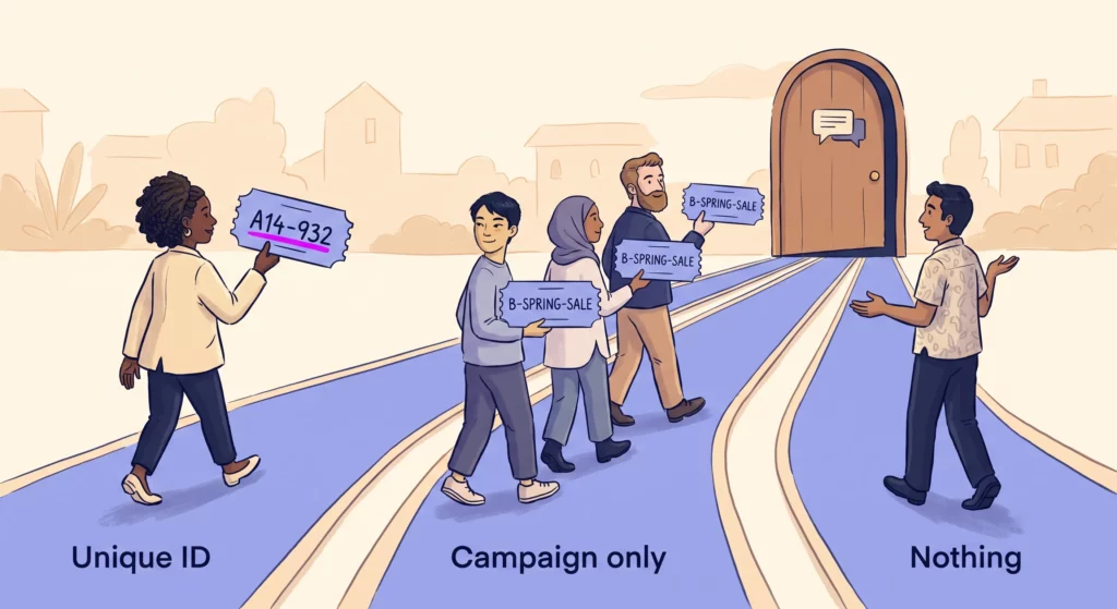 Three people arriving at the same chat door holding different things: a uniquely numbered ticket, a ticket identical to those held by others from the same campaign, and empty hands