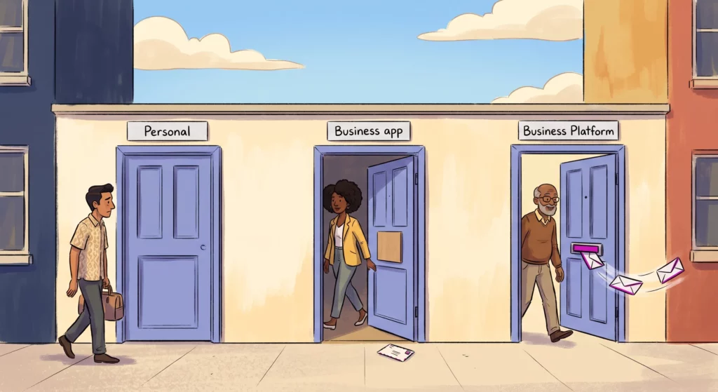 Three doors in a wall showing what each WhatsApp account type allows: one sealed from the street, one that opens but has no letterbox, and one with a letterbox with post flowing back through it