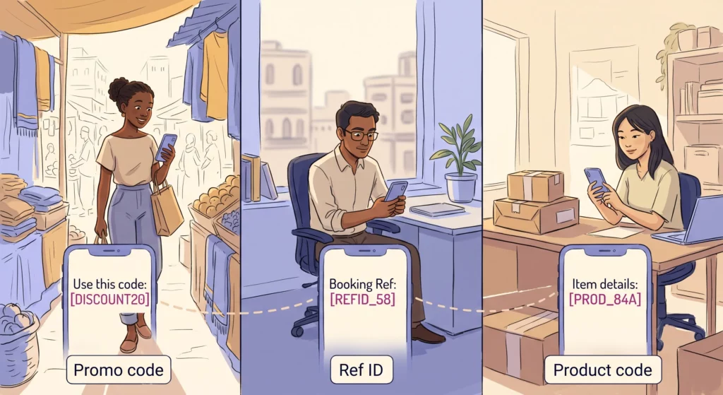 Three people each holding a phone showing the same underlying tracking code presented differently as a discount code, a reference number, and a product identifier