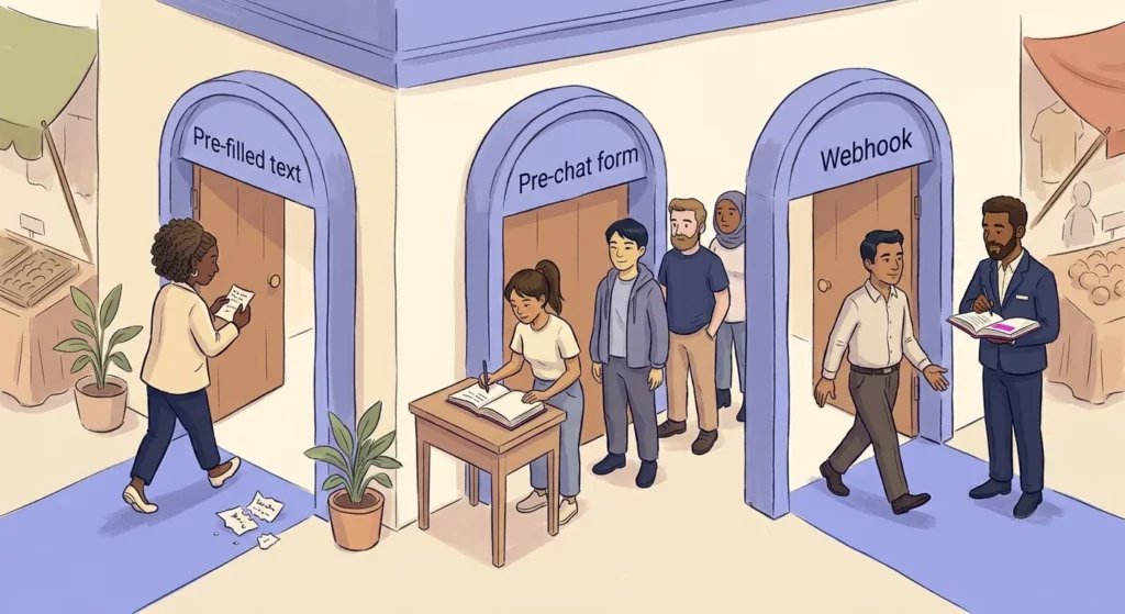 Three entrances showing three ways of identifying a visitor: a note handed through that can be torn up, a sign-in book at a desk that slows the queue, and a doorman who recognises the arrival without asking