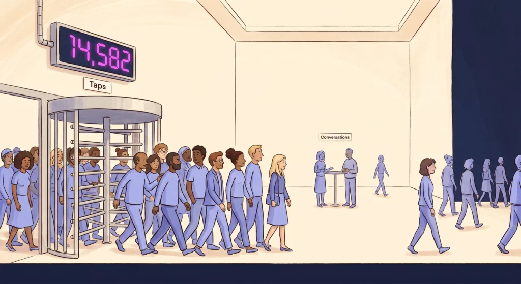A turnstile with a high counter beside a nearly empty room, showing that counting entries is not the same as counting people who stayed