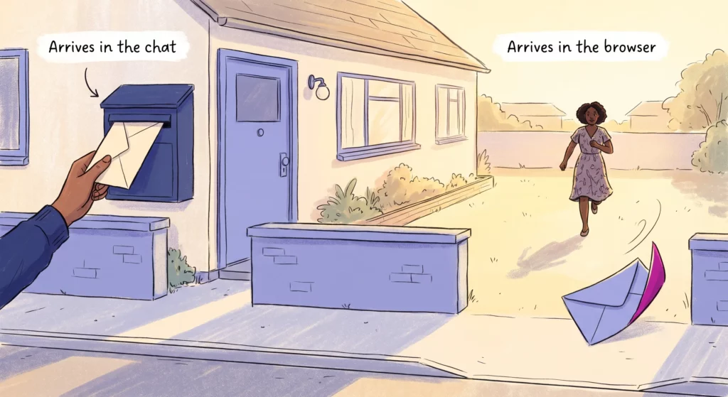Two envelopes arriving at the same house by different routes, one posted safely through the letterbox and one lying in the driveway starting to blow away
