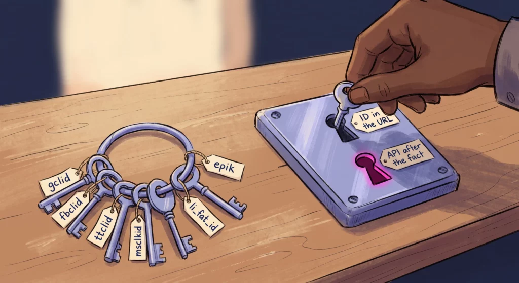 A ring of differently shaped keys labelled with ad platform click parameters beside a single lock that has two keyholes, only one of which is filled