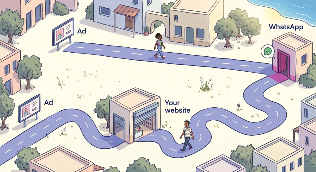 A simple map showing two roads arriving at the same WhatsApp door, one leading directly from a roadside ad and the other passing through a shop building first